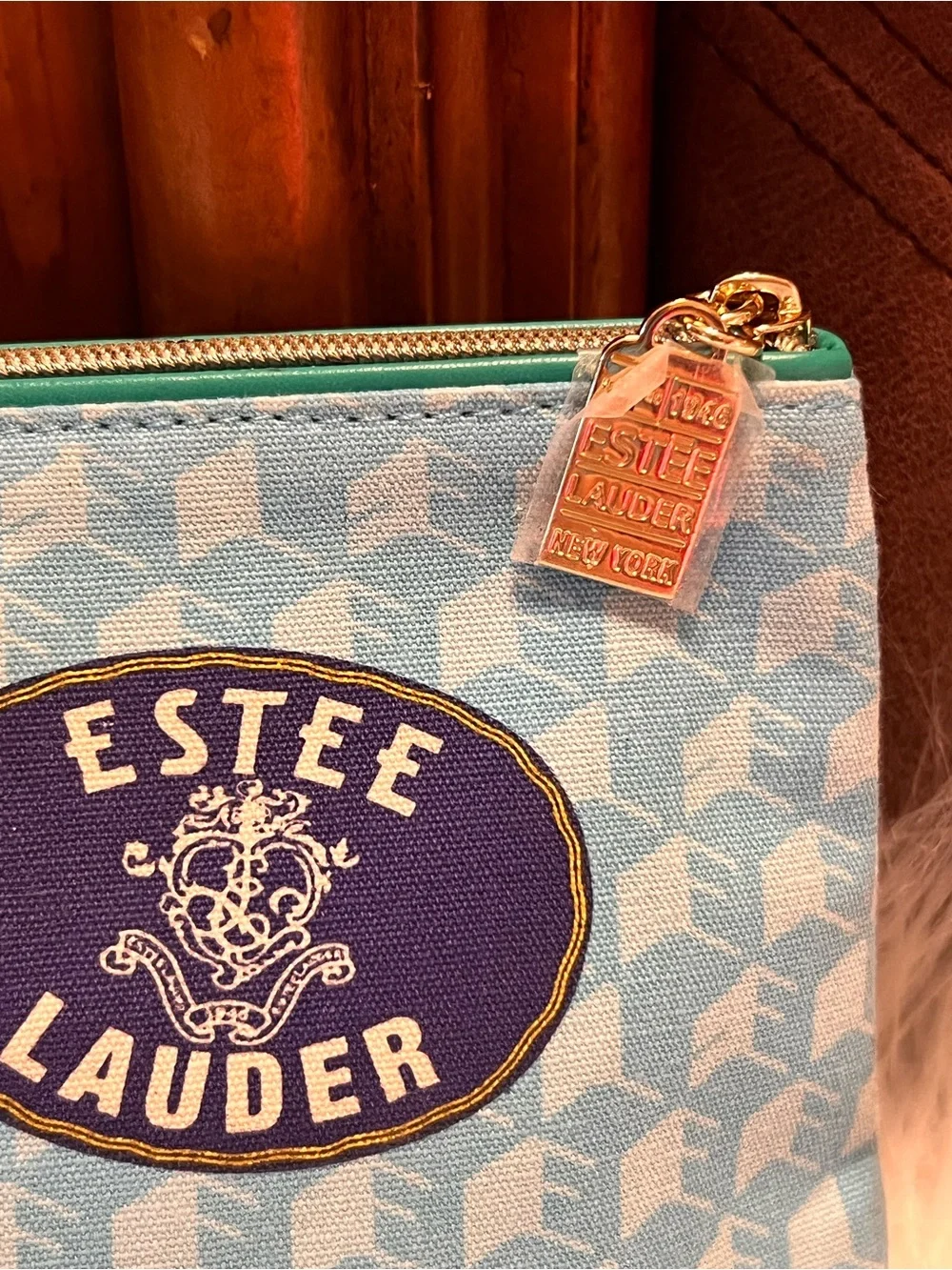 Estee Lauder NWOT Light Blue Patchwork Cosmetic Pouch